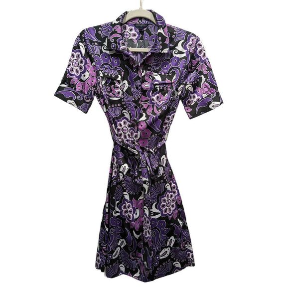 Banana Republic Retro Mod Print Short Sleeve Belted Button Front Shirt Dress, 2 - Picture 1 of 12
